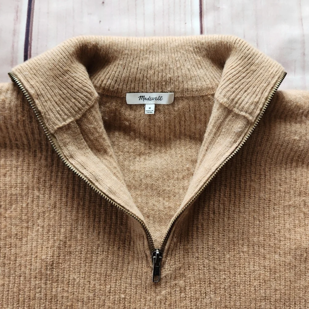 Madewell "Glenbrook Half-Zip Pullover Sweater" Heather Saddle Tan Women's Size M - Picture 7 of 12